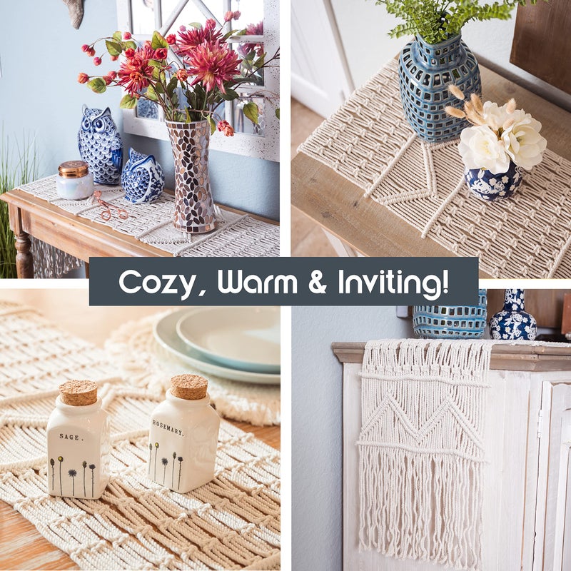 SnugLife Macrame Table Runner (86" X 13") Long | Boho Table Runner | Wedding Table Decor | Vintage Farmhouse and Bohemian Dining Room Style | Off-White - Image 5